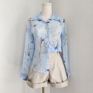 Vintage Y2K Sheer Light Blue Watercolor Floral Long Sleeve Button Down Top XS S